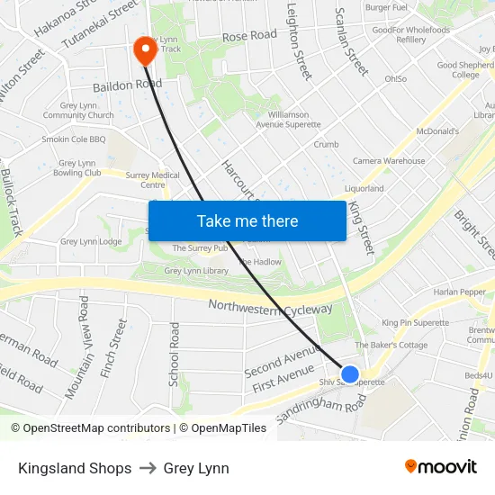 Kingsland Shops to Grey Lynn map
