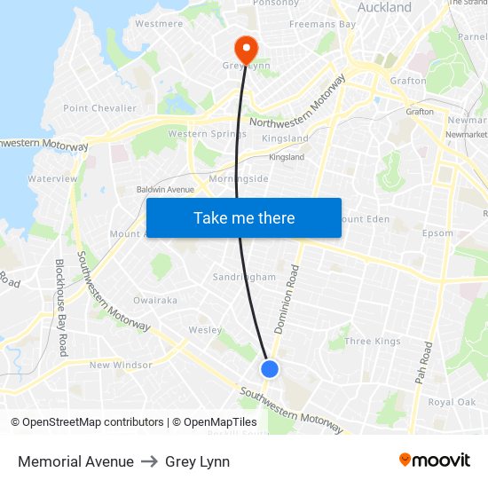 Memorial Avenue to Grey Lynn map