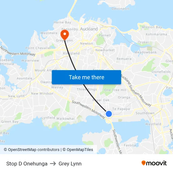 Stop D Onehunga to Grey Lynn map