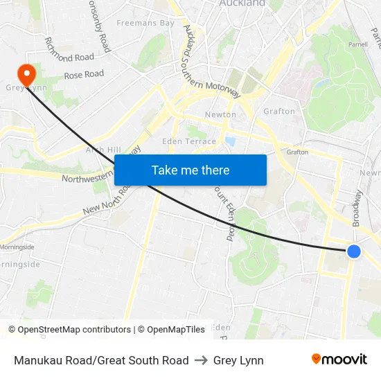 Manukau Road/Great South Road to Grey Lynn map