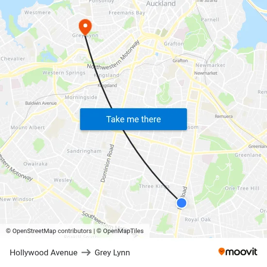 Hollywood Avenue to Grey Lynn map