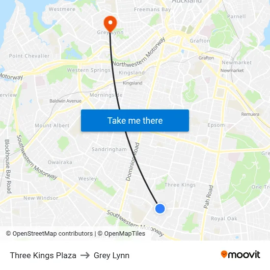 Three Kings Plaza to Grey Lynn map