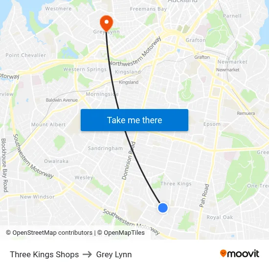 Three Kings Shops to Grey Lynn map