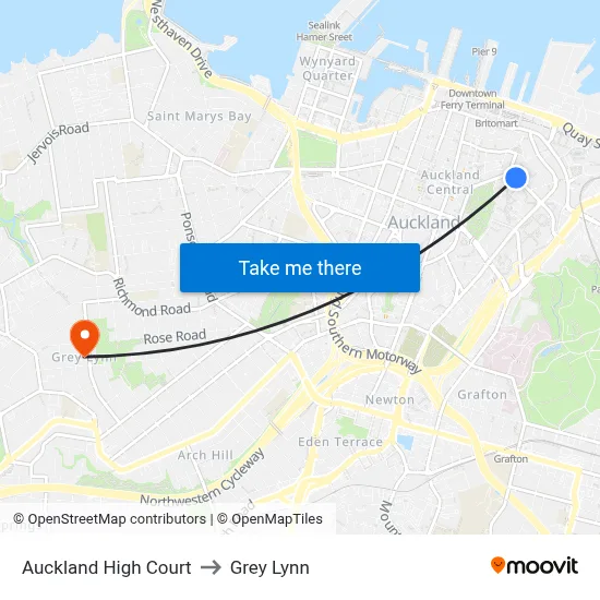 Auckland High Court to Grey Lynn map