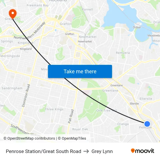 Penrose Station/Great South Road to Grey Lynn map