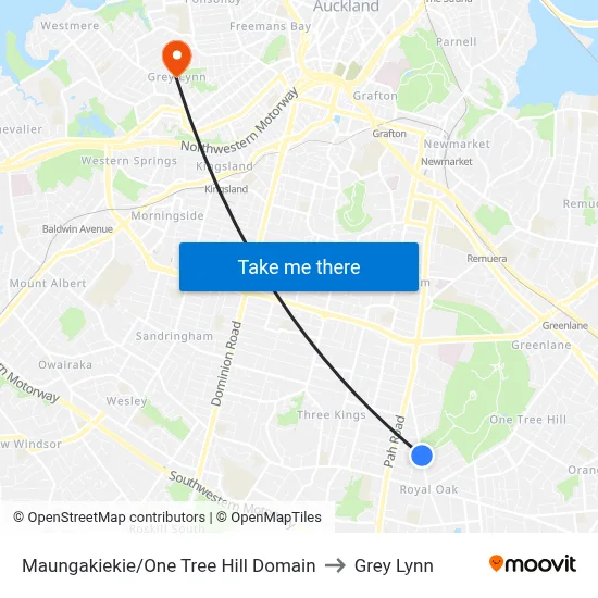 Maungakiekie/One Tree Hill Domain to Grey Lynn map