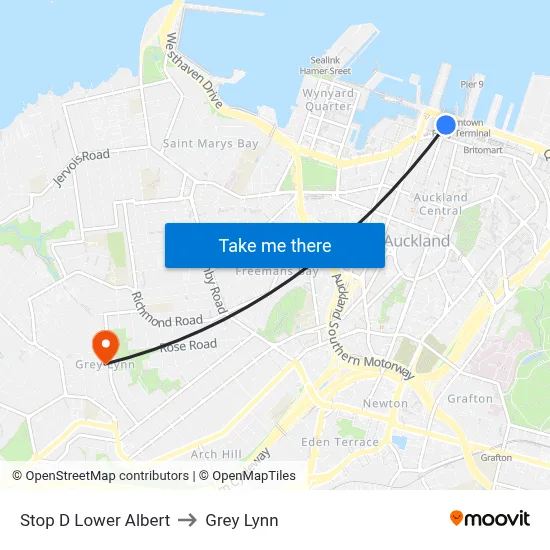 Stop D Lower Albert to Grey Lynn map