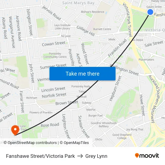 Fanshawe Street/Victoria Park to Grey Lynn map