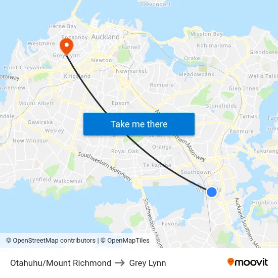 Otahuhu/Mount Richmond to Grey Lynn map