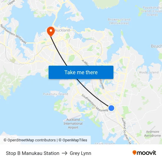 Stop B Manukau Station to Grey Lynn map