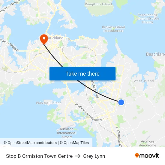 Stop B Ormiston Town Centre to Grey Lynn map