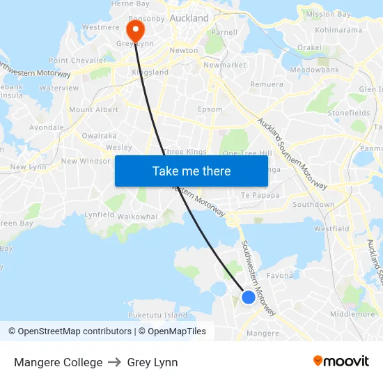 Mangere College to Grey Lynn map