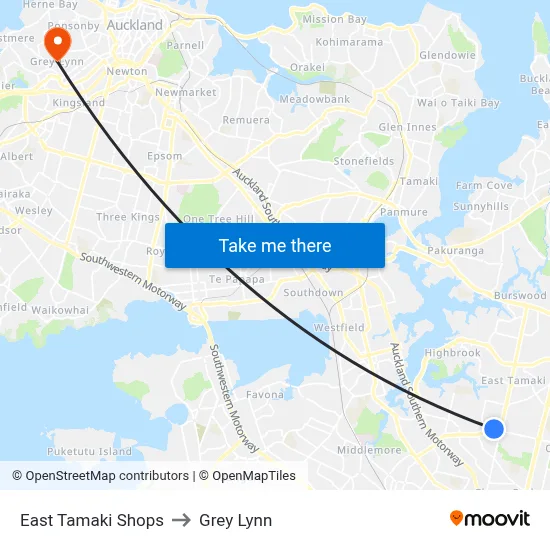 East Tamaki Shops to Grey Lynn map