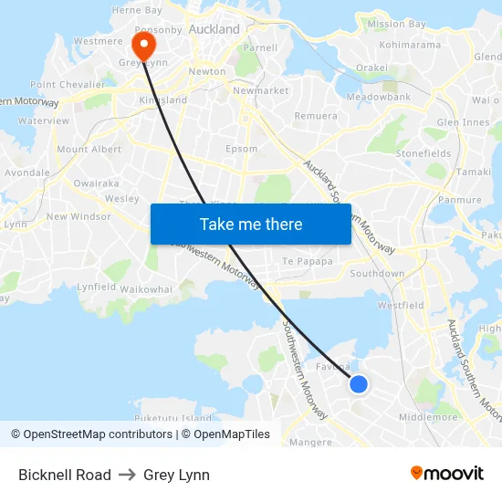Bicknell Road to Grey Lynn map