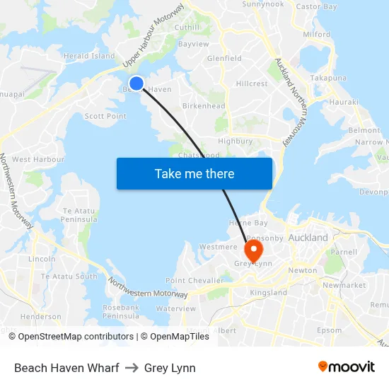 Beach Haven Wharf to Grey Lynn map