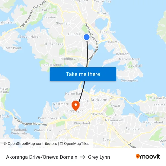 Akoranga Drive/Onewa Domain to Grey Lynn map
