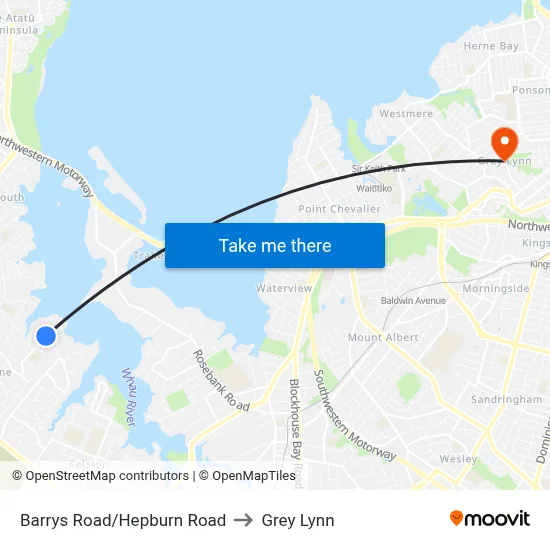 Barrys Road/Hepburn Road to Grey Lynn map