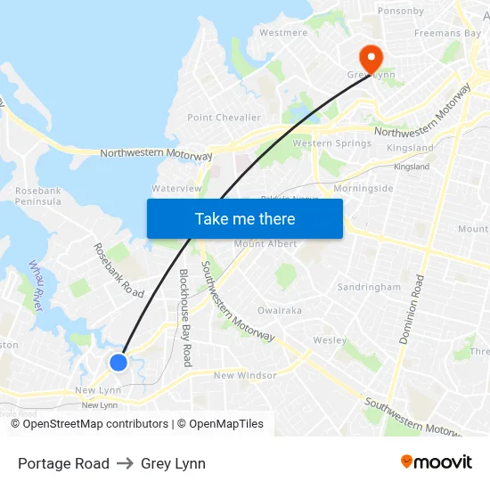 Portage Road to Grey Lynn map