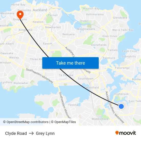 Clyde Road to Grey Lynn map