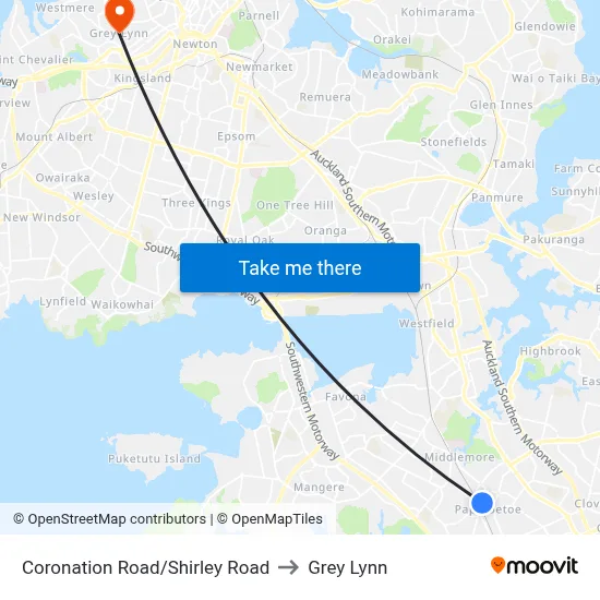 Coronation Road/Shirley Road to Grey Lynn map
