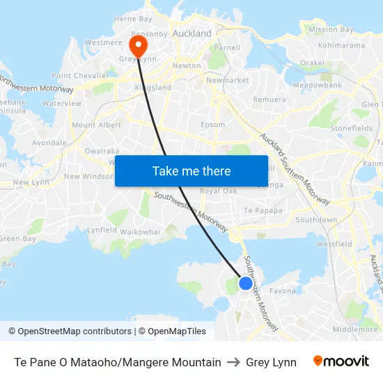 Te Pane O Mataoho/Mangere Mountain to Grey Lynn map
