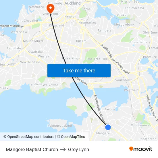 Mangere Baptist Church to Grey Lynn map
