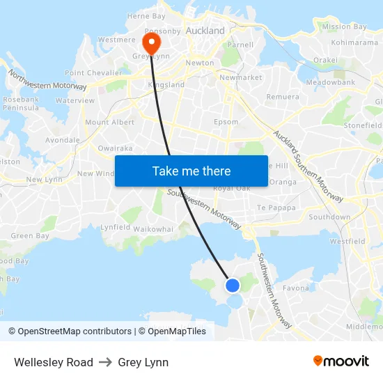Wellesley Road to Grey Lynn map