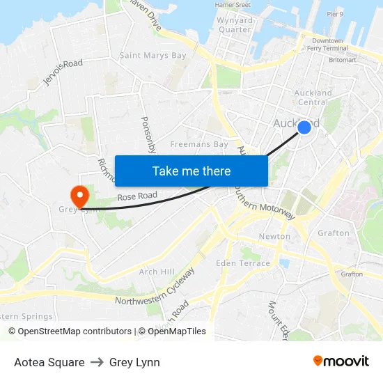 Aotea Square to Grey Lynn map