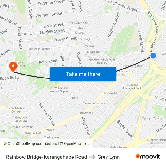 Rainbow Bridge/Karangahape Road to Grey Lynn map