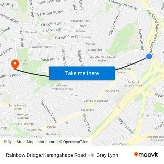 Rainbow Bridge/Karangahape Road to Grey Lynn map