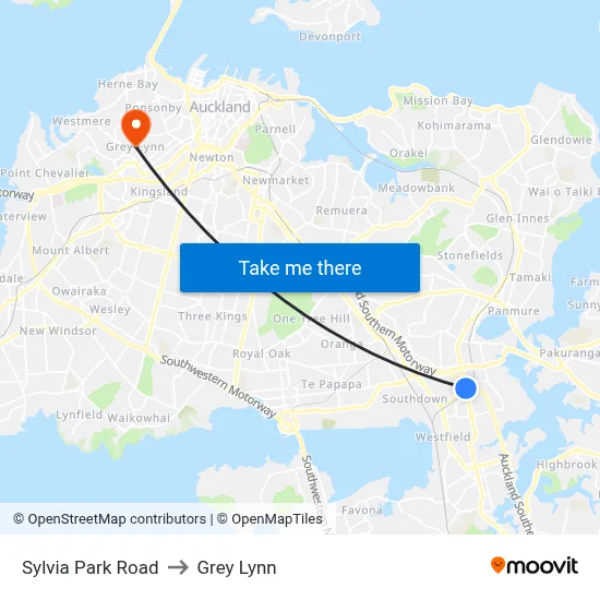 Sylvia Park Road to Grey Lynn map