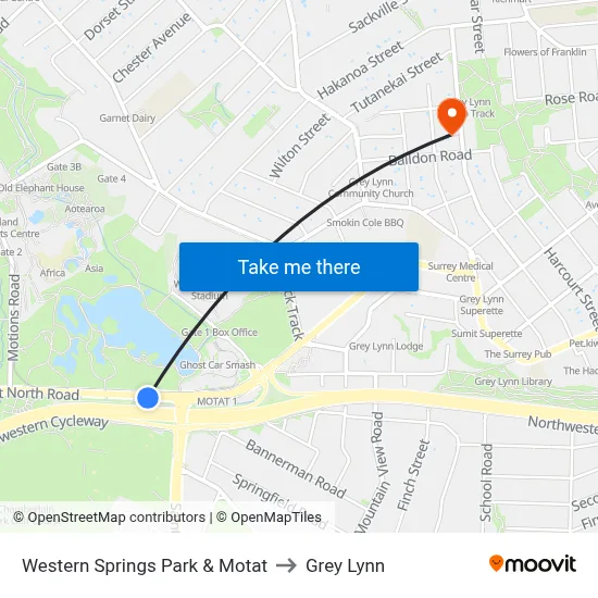 Western Springs Park & Motat to Grey Lynn map