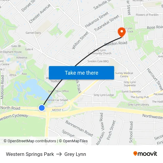 Western Springs Park to Grey Lynn map