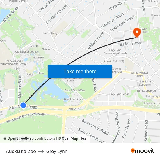 Auckland Zoo to Grey Lynn map