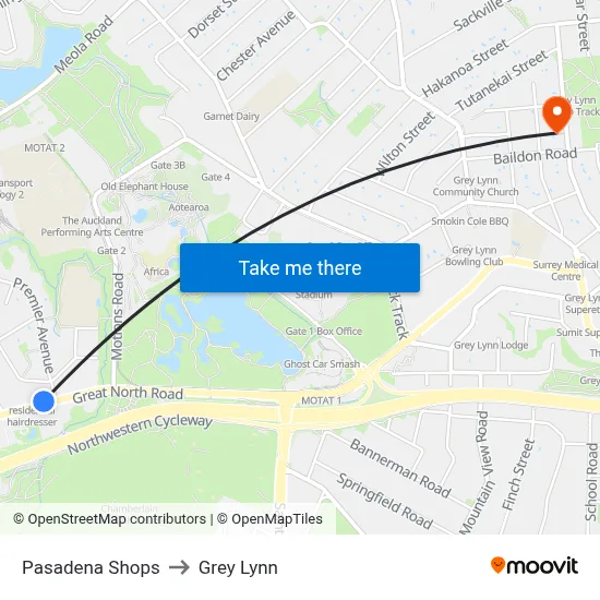 Pasadena Shops to Grey Lynn map