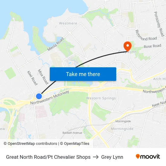 Great North Road/Pt Chevalier Shops to Grey Lynn map