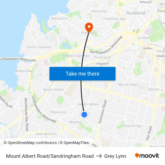 Mount Albert Road/Sandringham Road to Grey Lynn map