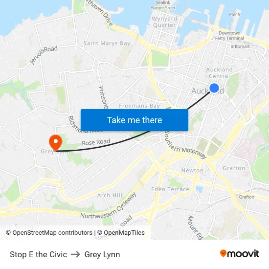 Stop E the Civic to Grey Lynn map