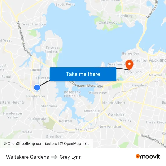 Waitakere Gardens to Grey Lynn map