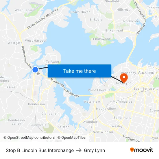 Stop B Lincoln Bus Interchange to Grey Lynn map