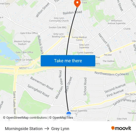 Morningside Station to Grey Lynn map