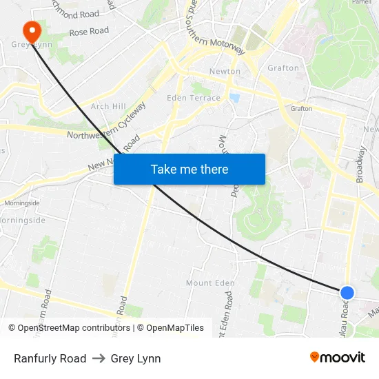 Ranfurly Road to Grey Lynn map