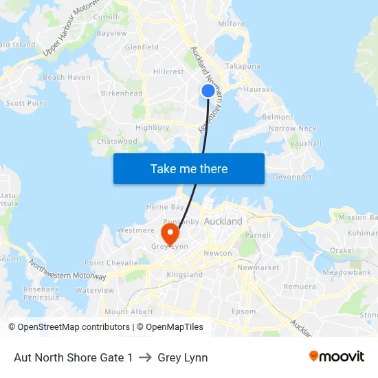 Aut North Shore Gate 1 to Grey Lynn map