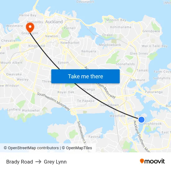 Brady Road to Grey Lynn map