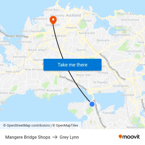 Mangere Bridge Shops to Grey Lynn map