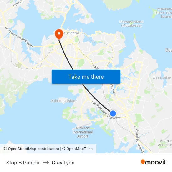 Stop B Puhinui to Grey Lynn map