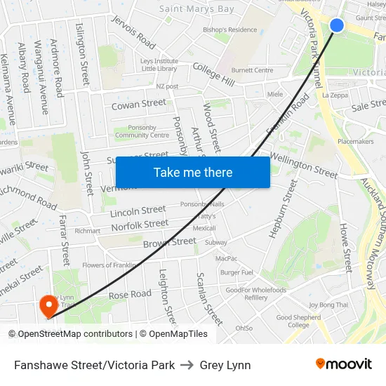 Fanshawe Street/Victoria Park to Grey Lynn map