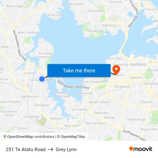 251 Te Atatu Road to Grey Lynn map