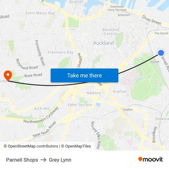Parnell Shops to Grey Lynn map