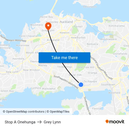 Stop A Onehunga to Grey Lynn map